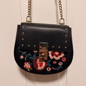 Embroidered Black Floral Chain Bag